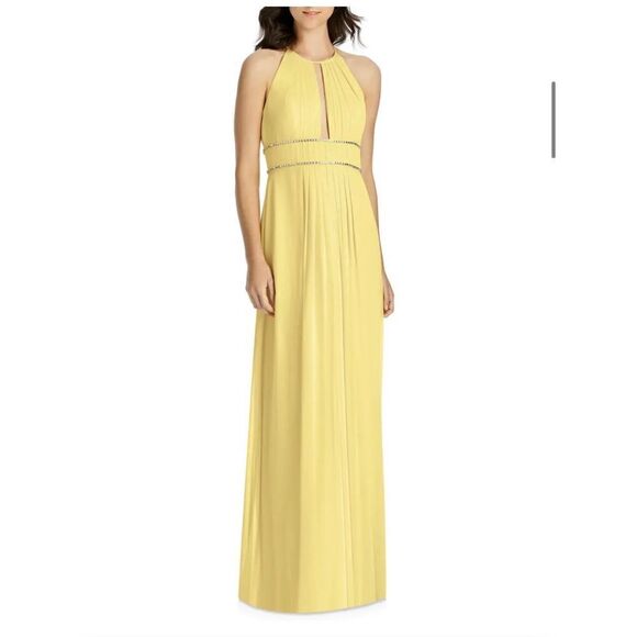 NEW Jenny Packham Lux Chiffon Halter Bridesmaid Gown with Beaded Trim Lemon Drop - Picture 1 of 12